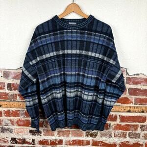 Vintage Montecatini Sweater Size Large Blue Plaid Wool Blend Crewneck Italy 90s